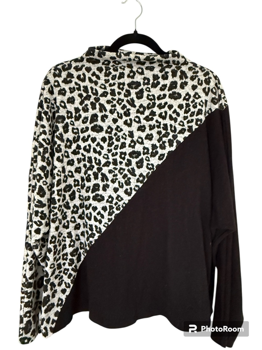 Leopard Print Diagonal Panel Long Sleeve Top - Black/silver